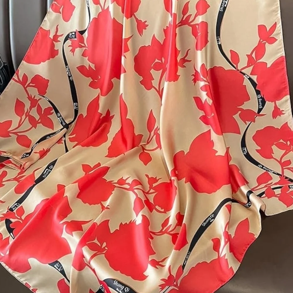 NWT Shang Qi Red Floral Silky Satin Square Scarf Head Wrap- 35